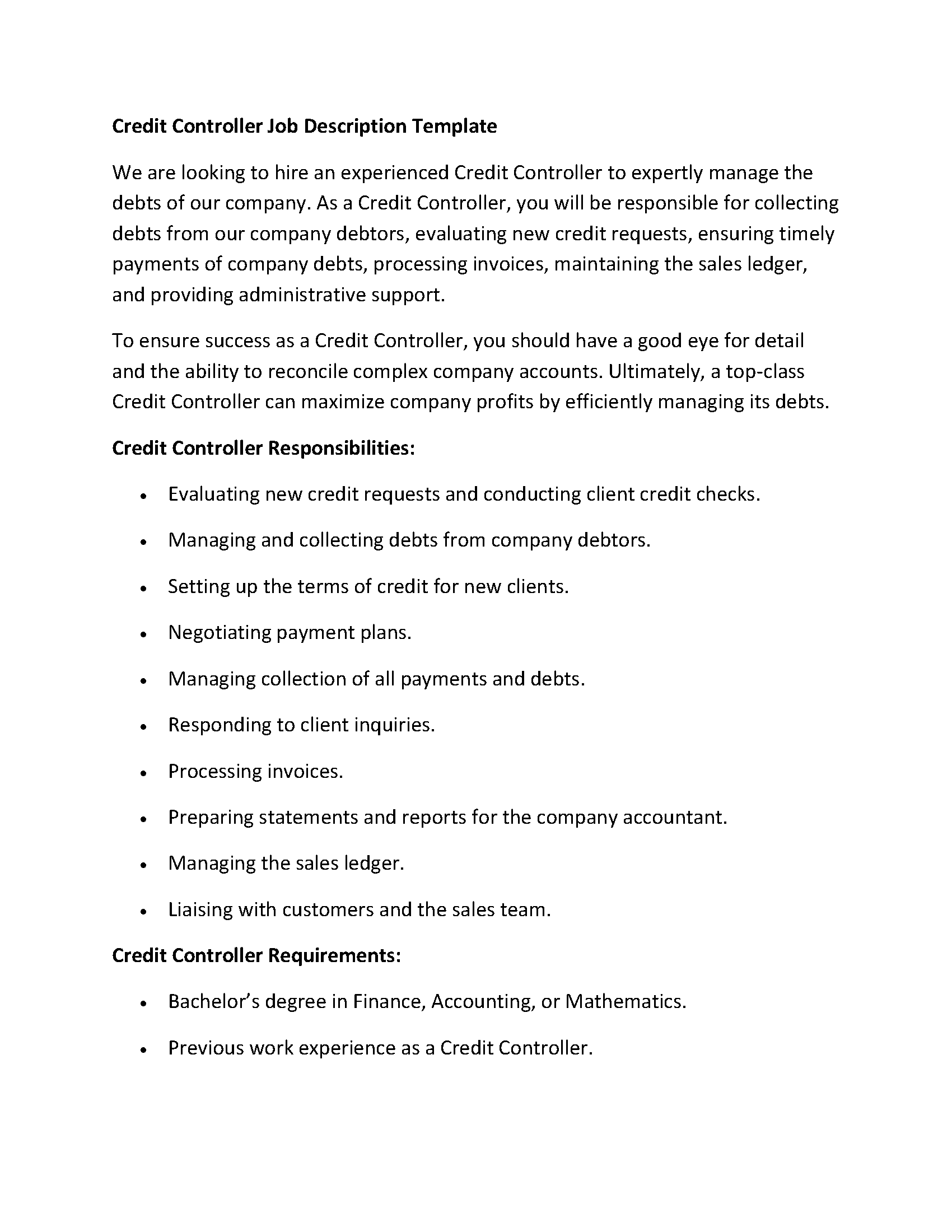 Credit Controller Job Description Template